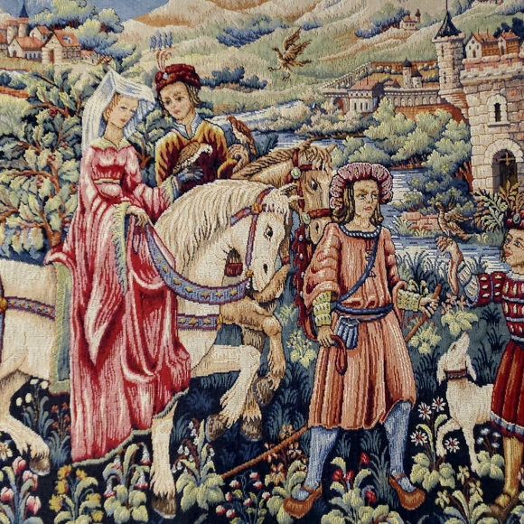 Vintage French Tapestry Victorian  French Love Scene Point D' Halluin 4.8 X 3ft - Picture 2 of 8